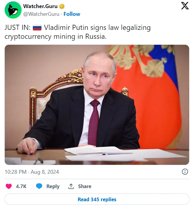 Russia legalizes cryptocurrency mining and international payments to alleviate pressure from Western sanctions.